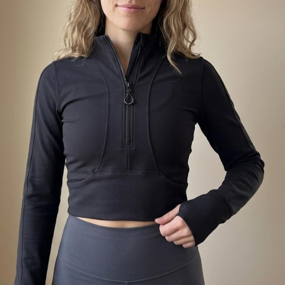 90 Degree by Reflex Black Ribbed Cropped Half Zip Pullover Athletic Top Size S